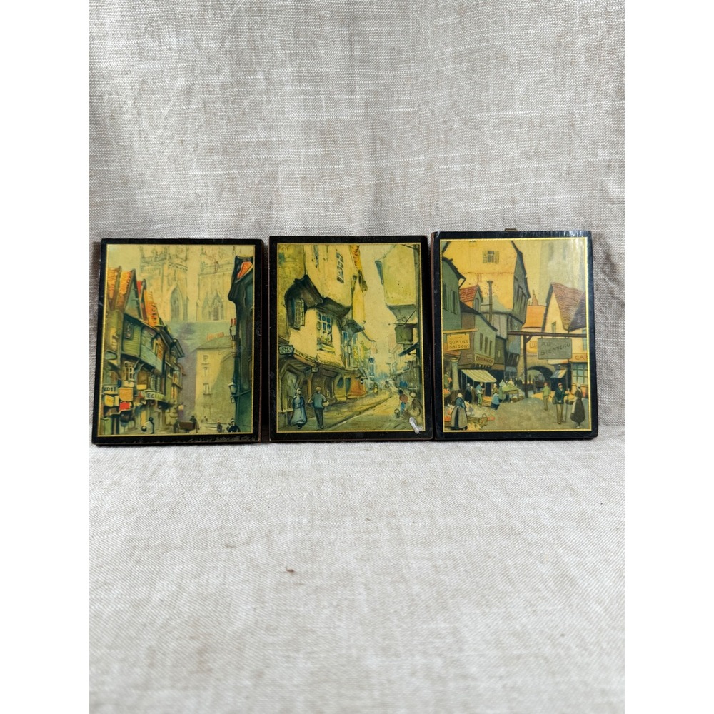 Vintage European Street Scene Wood Plaques Set of 3 Mid Century Wall Art